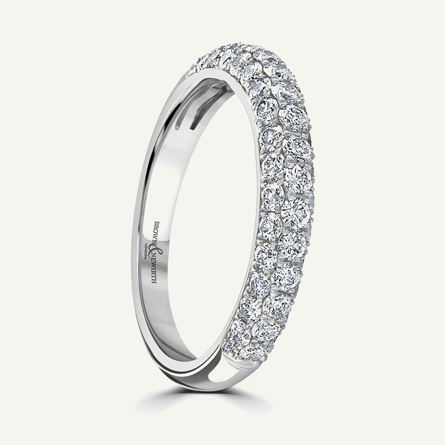 Round Brilliant Cut, Three Row Micro Pave, Fallaway Diamond Eternity Ring