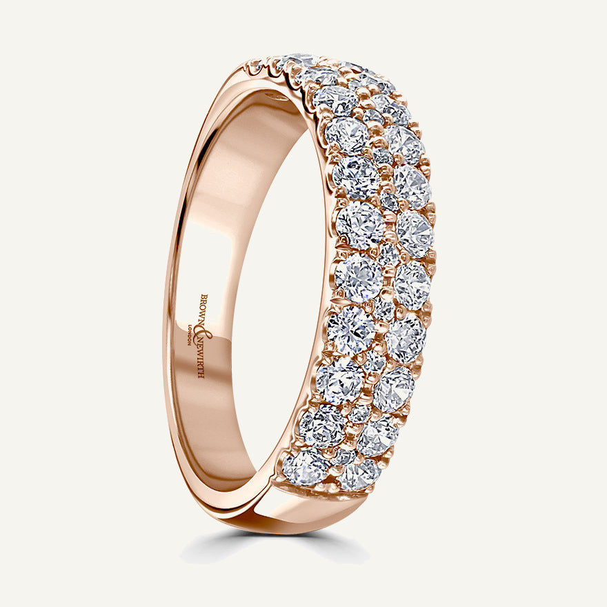 Round Brilliant Cut, Hopscotch Claw, Three Row Diamond Eternity Ring