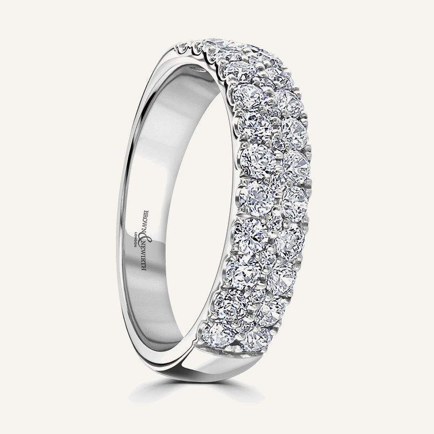 Round Brilliant Cut, Hopscotch Claw, Three Row Diamond Eternity Ring