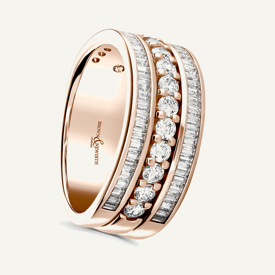 Round Brilliant & Baguette Cut, Claw & Channel, Three Row Diamond Eternity Ring