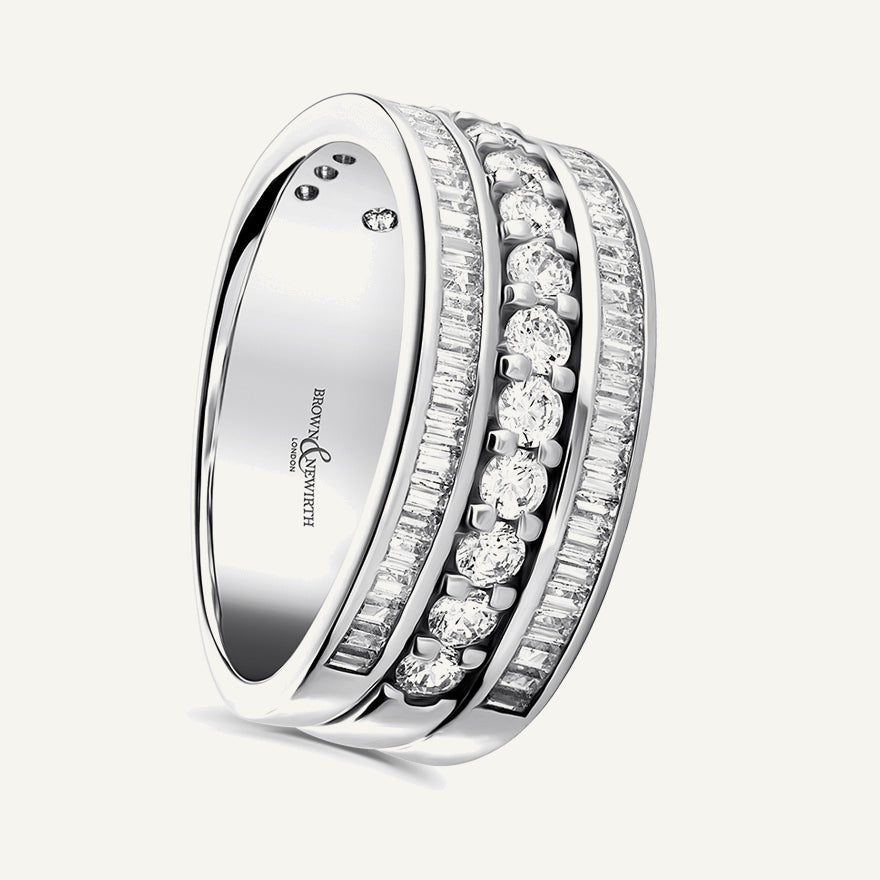 Round Brilliant & Baguette Cut, Claw & Channel, Three Row Diamond Eternity Ring