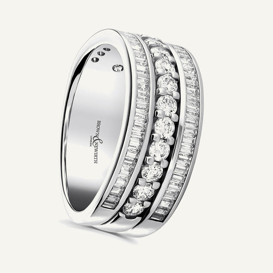 Round Brilliant & Baguette Cut, Claw & Channel, Three Row Diamond Eternity Ring
