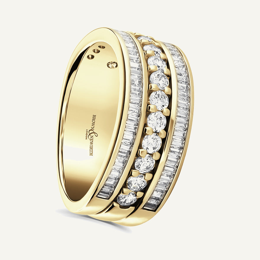 Round Brilliant & Baguette Cut, Claw & Channel, Three Row Diamond Eternity Ring