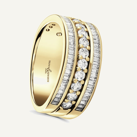 Round Brilliant & Baguette Cut, Claw & Channel, Three Row Diamond Eternity Ring
