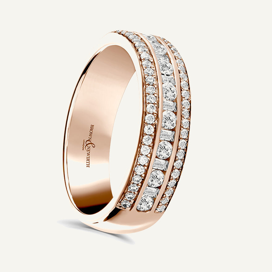 Round Brilliant & Baguette Cut, Channel & Micro Pave, Multi-Row Diamond Eternity Ring