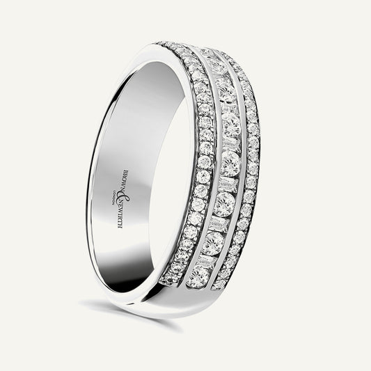 Round Brilliant & Baguette Cut, Channel & Micro Pave, Multi-Row Diamond Eternity Ring