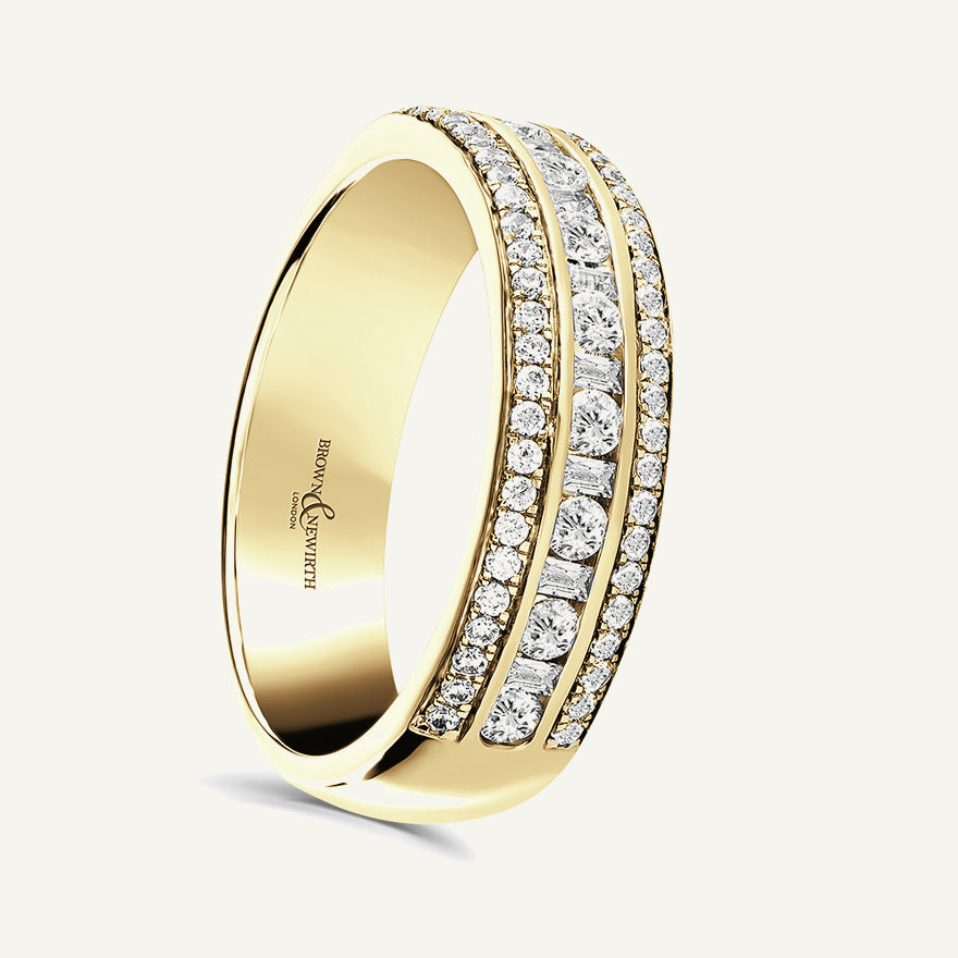 Round Brilliant & Baguette Cut, Channel & Micro Pave, Multi-Row Diamond Eternity Ring