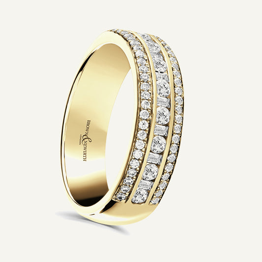 Round Brilliant & Baguette Cut, Channel & Micro Pave, Multi-Row Diamond Eternity Ring