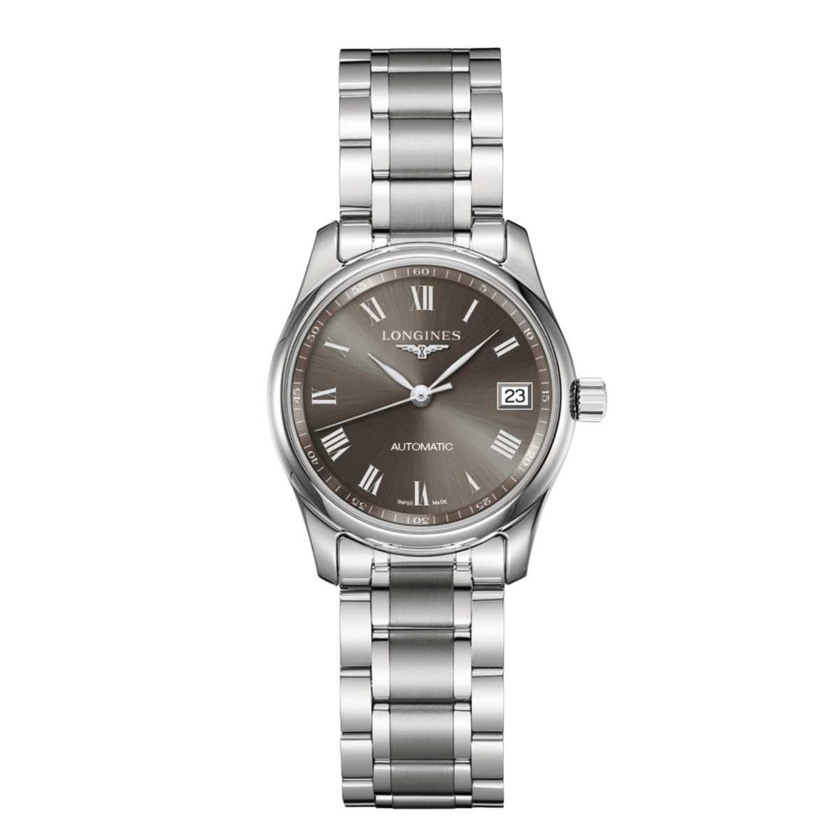 Longines Master Collection 29mm women’s automatic watch with grey sunray dial and steel bracelet