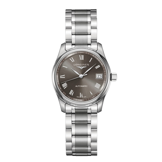 Longines Master Collection 29mm women’s automatic watch with grey sunray dial and steel bracelet
