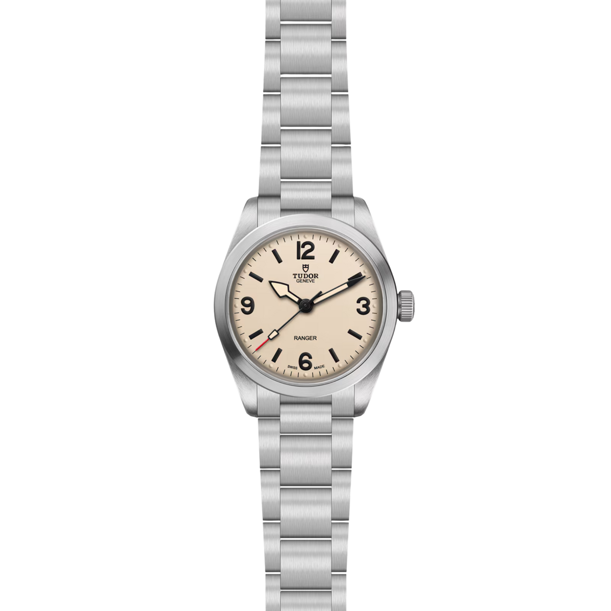 Full view of the Tudor Ranger watch with a brushed stainless steel bracelet and cream dial.