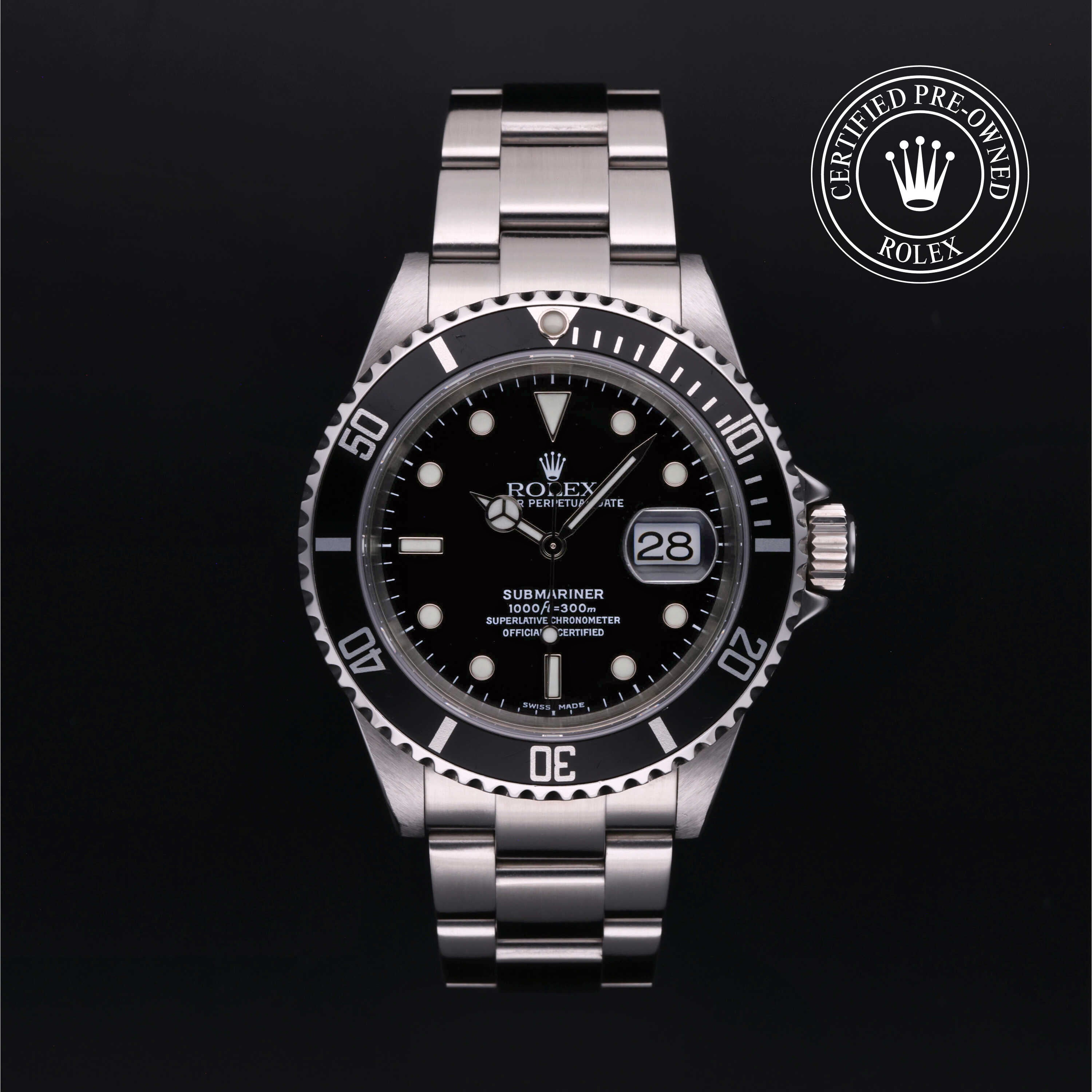 Rolex Certified Pre-Owned Submariner Date 40mm in Oystersteel, featuring an intense black dial, black rotatable bezel and classic Oyster bracelet.