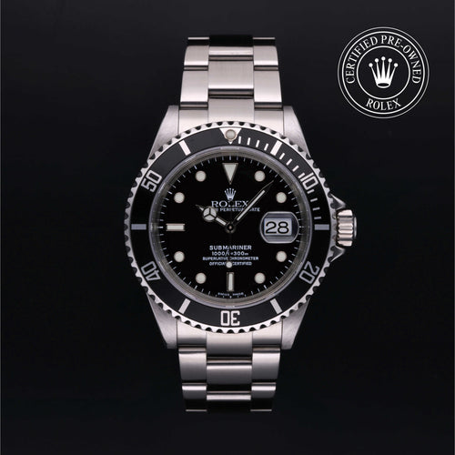Rolex Certified Pre-Owned Submariner Date 40mm in Oystersteel, featuring an intense black dial, black rotatable bezel and classic Oyster bracelet.