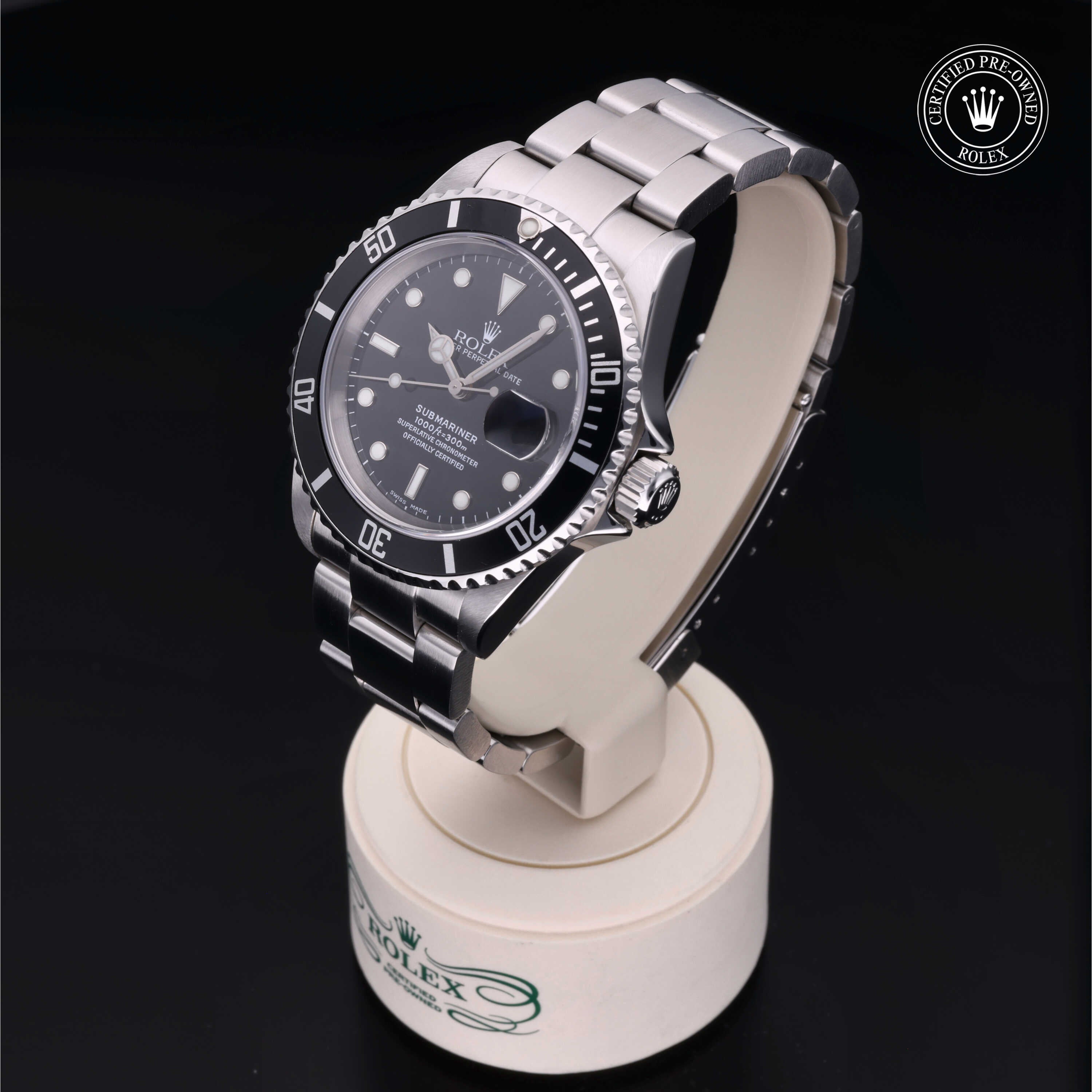 Luxury Rolex Certified Pre-Owned Submariner Date men's watch featuring a black 60-minute graduated bezel, date display and three-link Oystersteel bracelet.