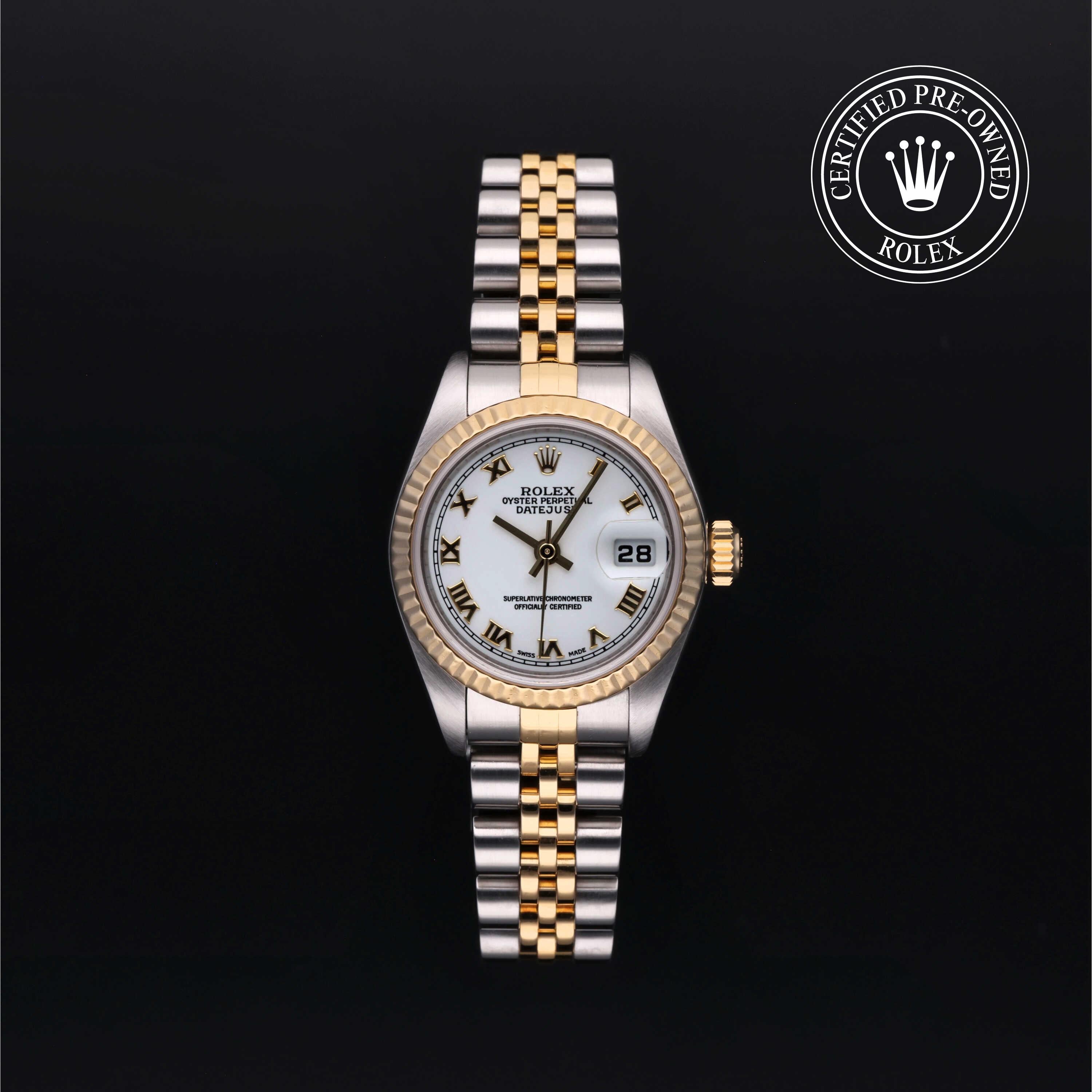 Rolex Lady-Datejust 26mm in Oystersteel and yellow gold, featuring a white Roman numeral dial, fluted bezel and Jubilee bracelet.