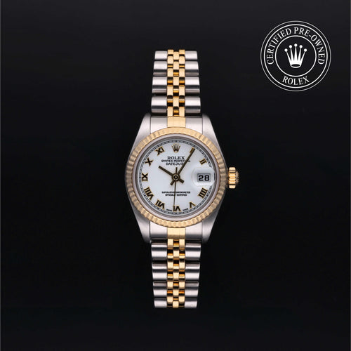 Rolex Lady-Datejust 26mm in Oystersteel and yellow gold, featuring a white Roman numeral dial, fluted bezel and Jubilee bracelet.