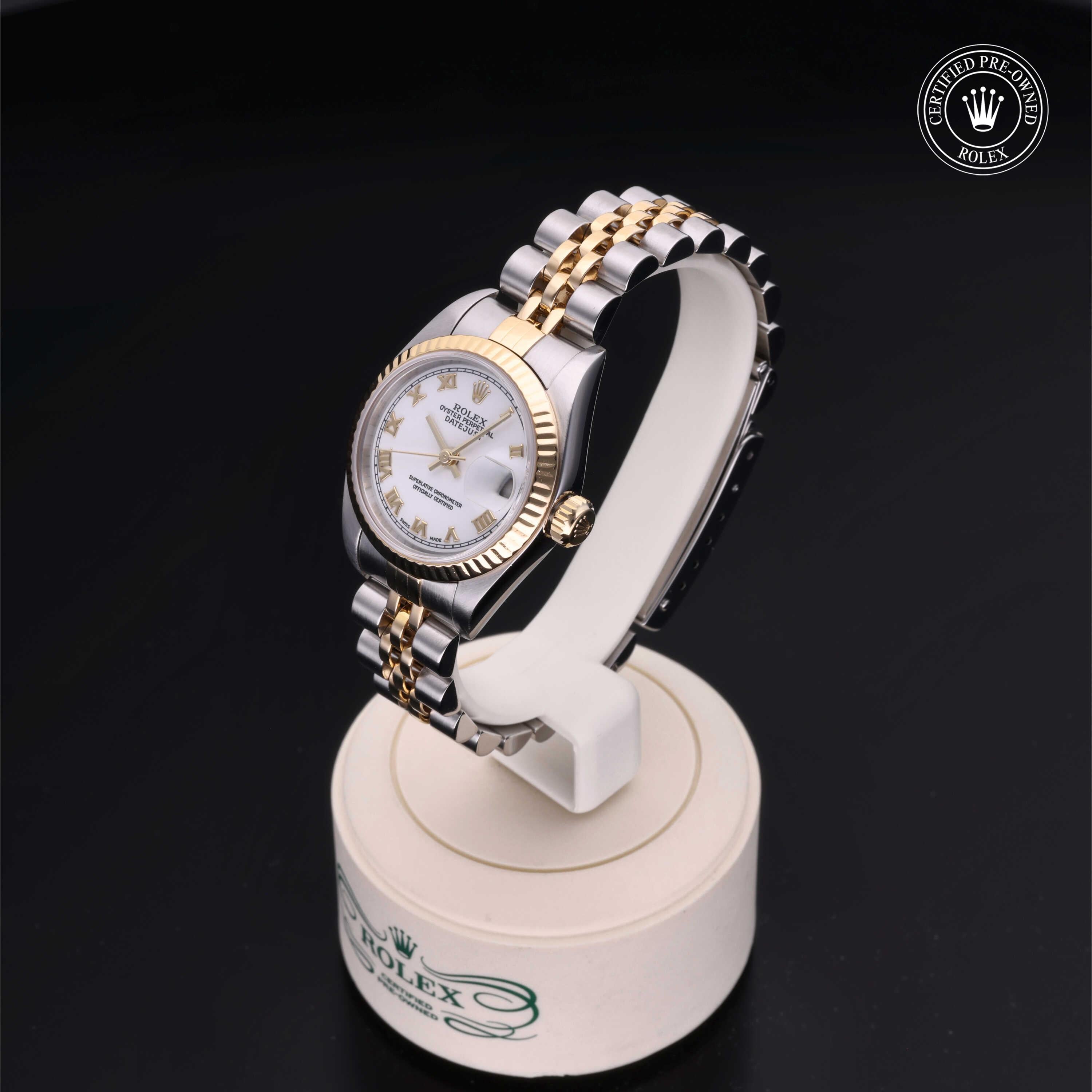 Luxury Rolex Lady-Datejust women's watch showcasing a white Roman numeral dial, 18ct yellow gold fluted bezel and two-tone Jubilee bracelet.