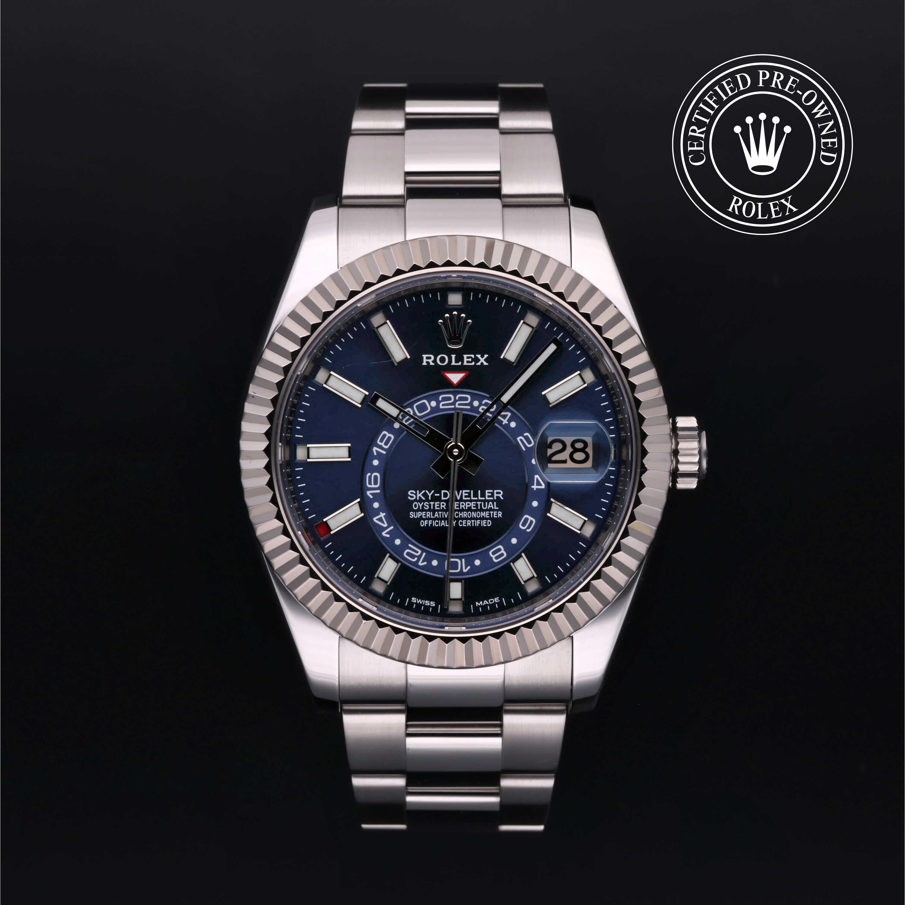 Rolex Certified Pre-Owned Sky-Dweller 42mm in Oystersteel, featuring a bright blue dial, baton hour markers, rotatable fluted bezel and classic Oyster bracelet.