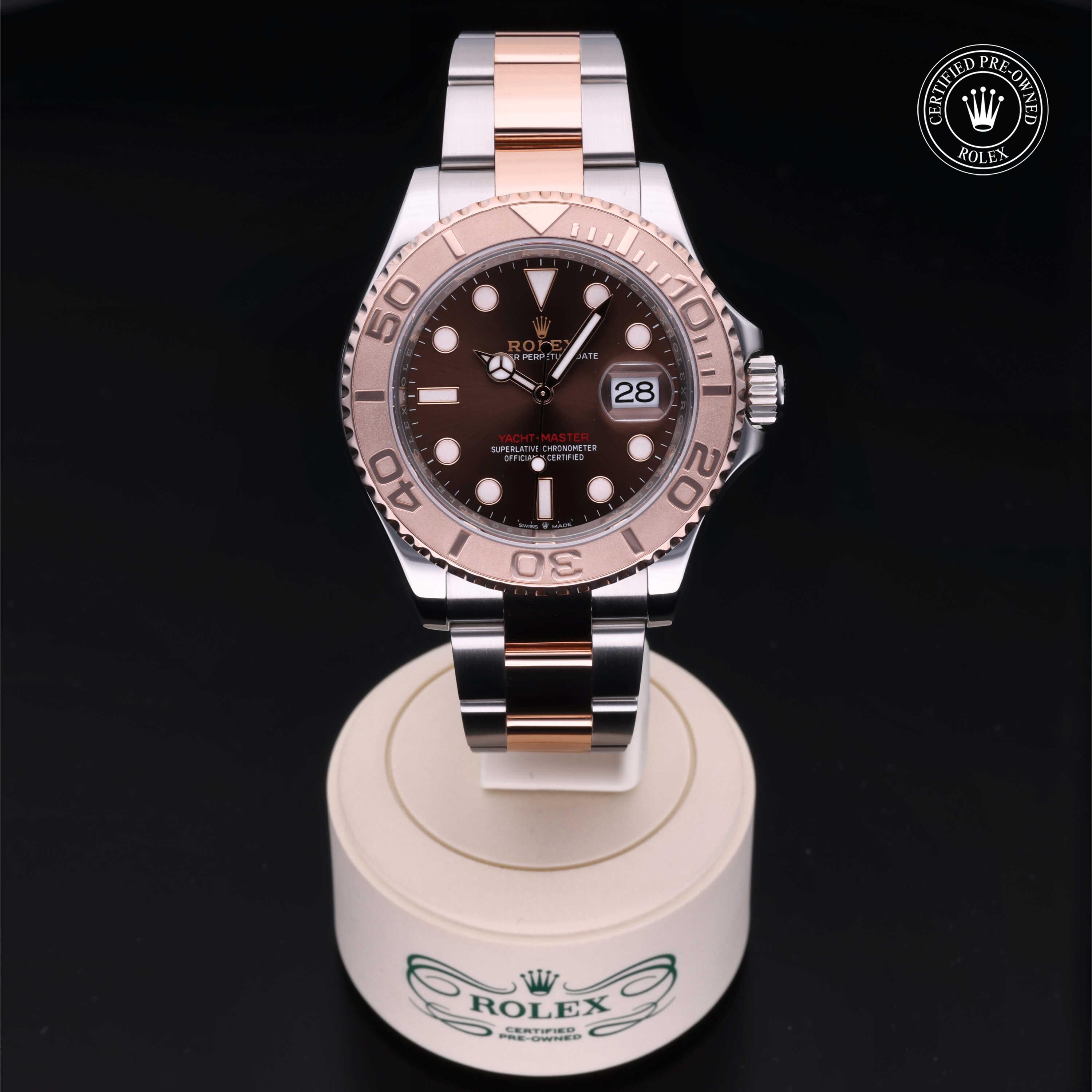 Pre-owned Rolex Yacht-Master 40 luxury watch with a rich chocolate dial, two-tone Everose gold and stainless steel case and Oyster bracelet.