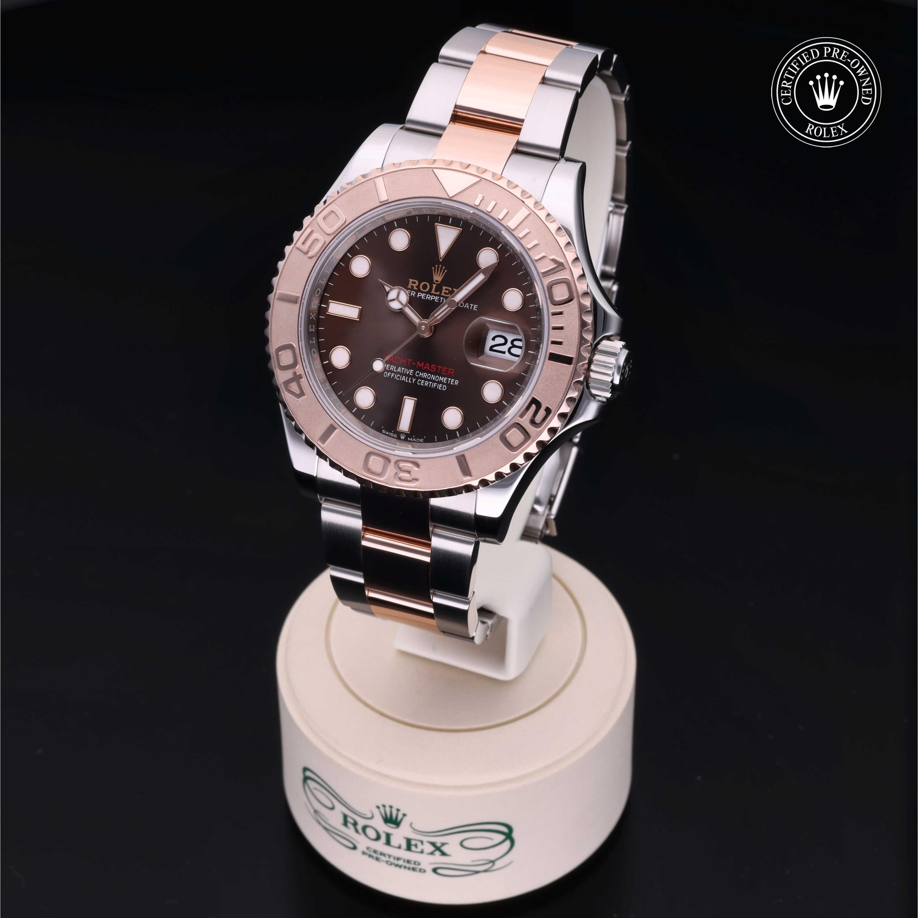 Rolex Yacht-Master 40mm 2023 model showcasing a chocolate brown dial, 60-minute rotating bezel and signature Oystersteel and Everose gold design.