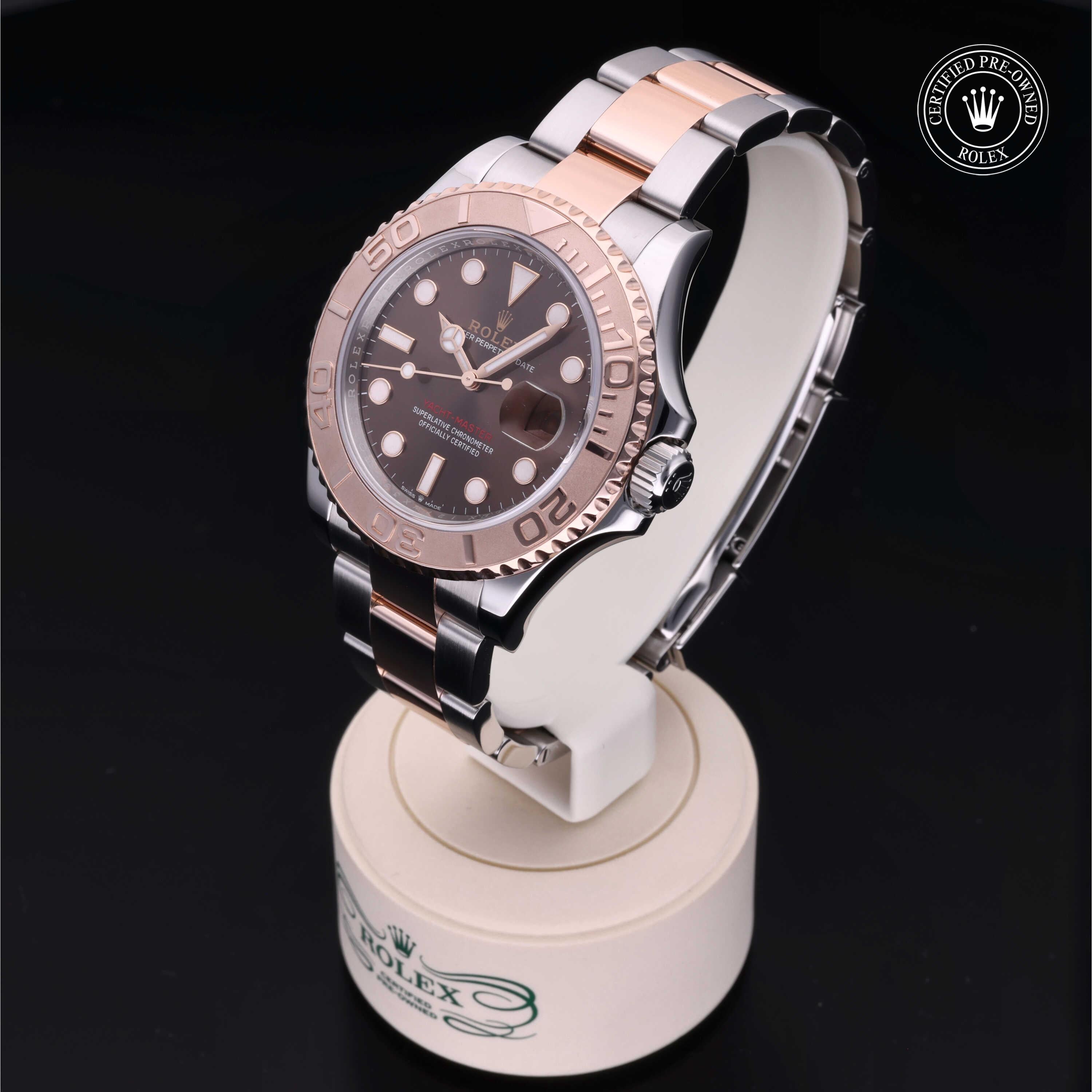 Luxury Rolex Certified Pre-Owned Yacht-Master 40 men's watch featuring an Everose gold bezel, chocolate dial and classic two-tone Oyster bracelet.
