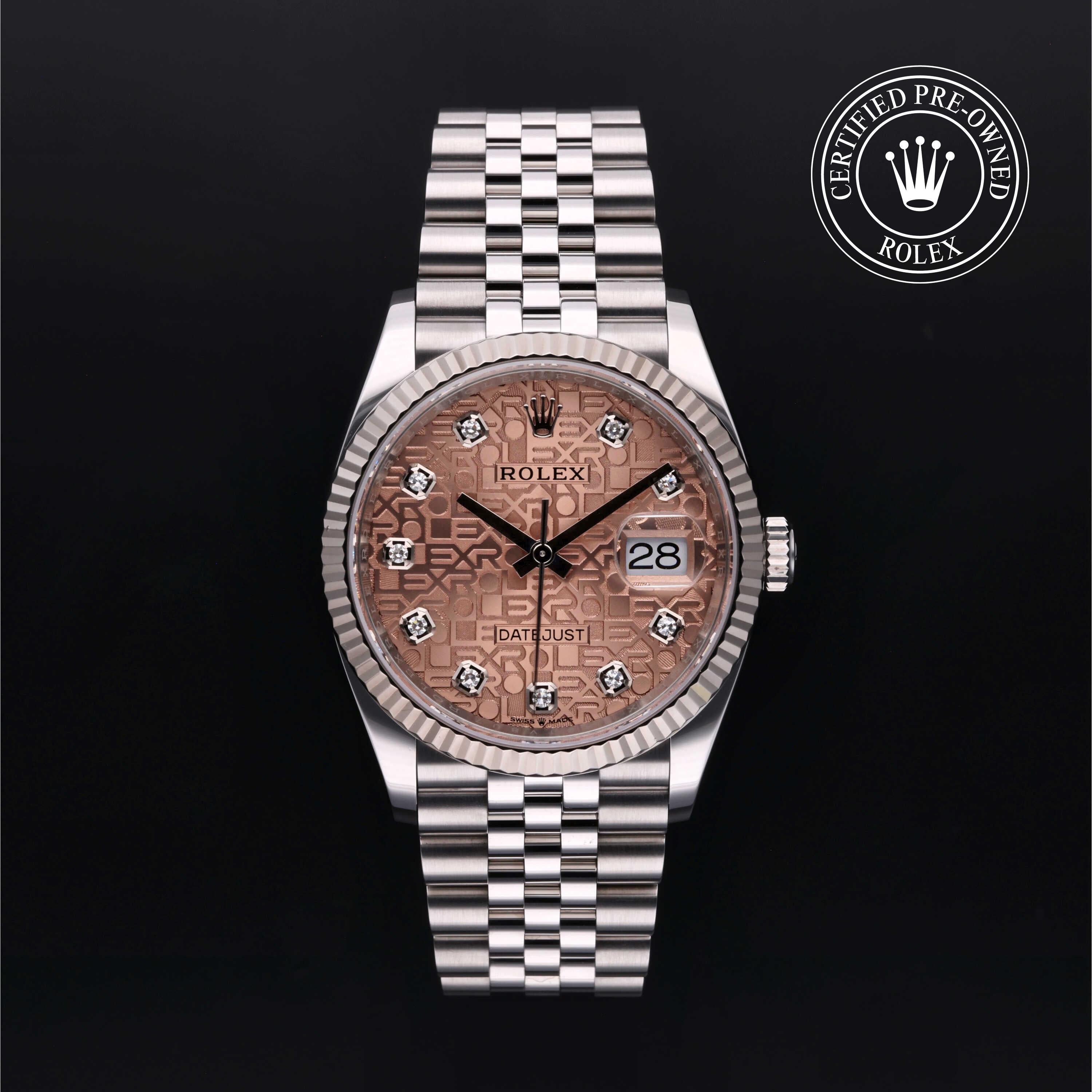 Rolex Certified Pre-Owned Datejust 36mm in Oystersteel and white gold, featuring a rose-colour Jubilee dial with 10 diamond hour markers and a fluted bezel.