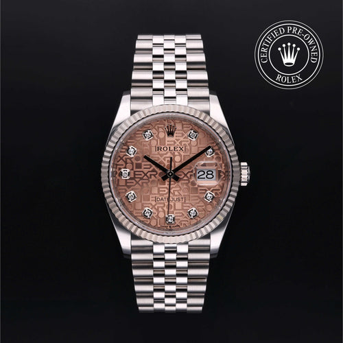 Rolex Certified Pre-Owned Datejust 36mm in Oystersteel and white gold, featuring a rose-colour Jubilee dial with 10 diamond hour markers and a fluted bezel.