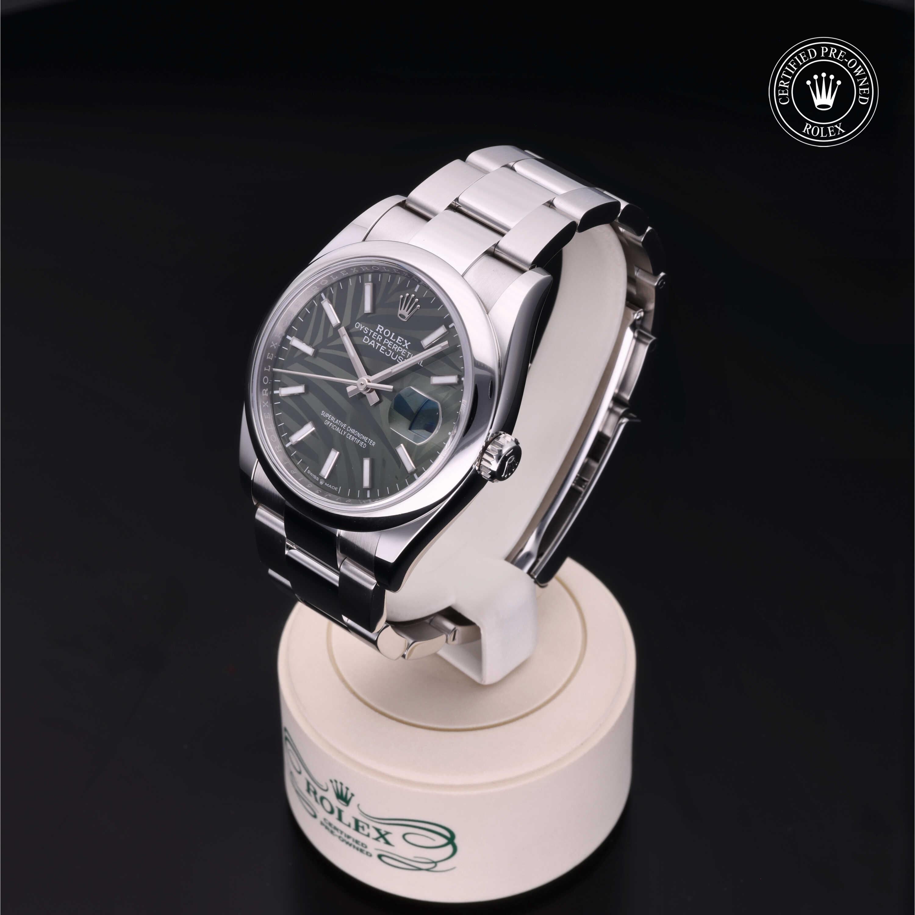 Luxury Rolex Certified Pre-Owned Datejust 36 men's watch with a rich olive green dial, polished stainless steel bezel and classic Oyster bracelet.