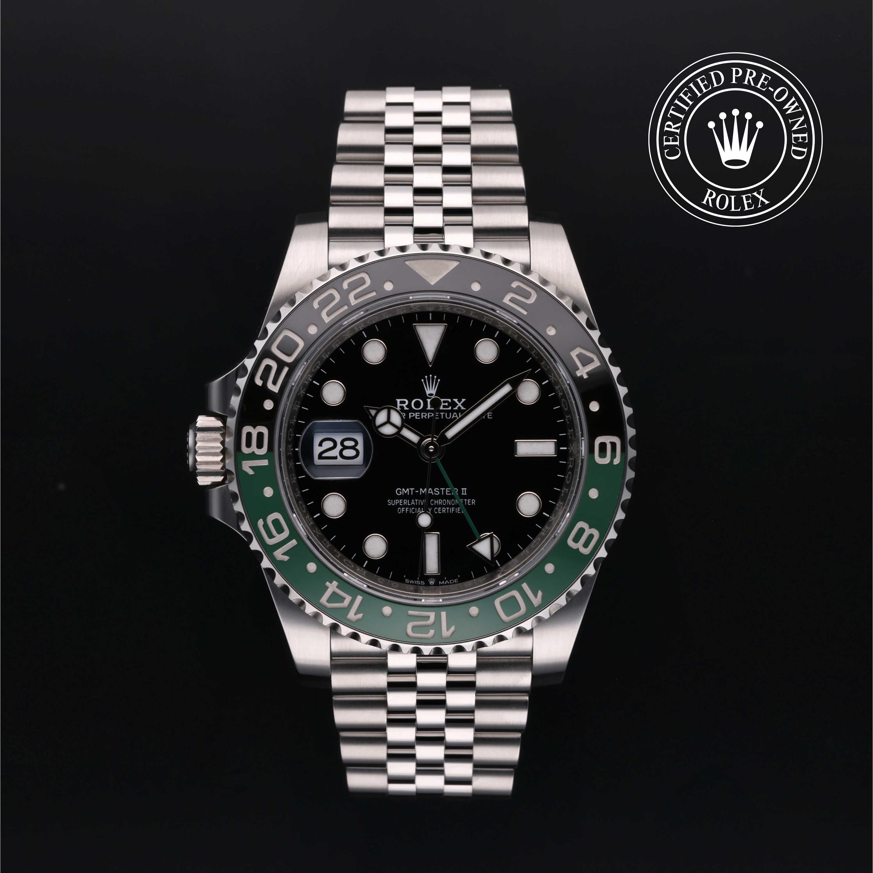 Rolex Certified Pre-Owned GMT-Master II 40mm in Oystersteel, featuring a black dial, 24-hour rotatable bezel and classic Jubilee bracelet.