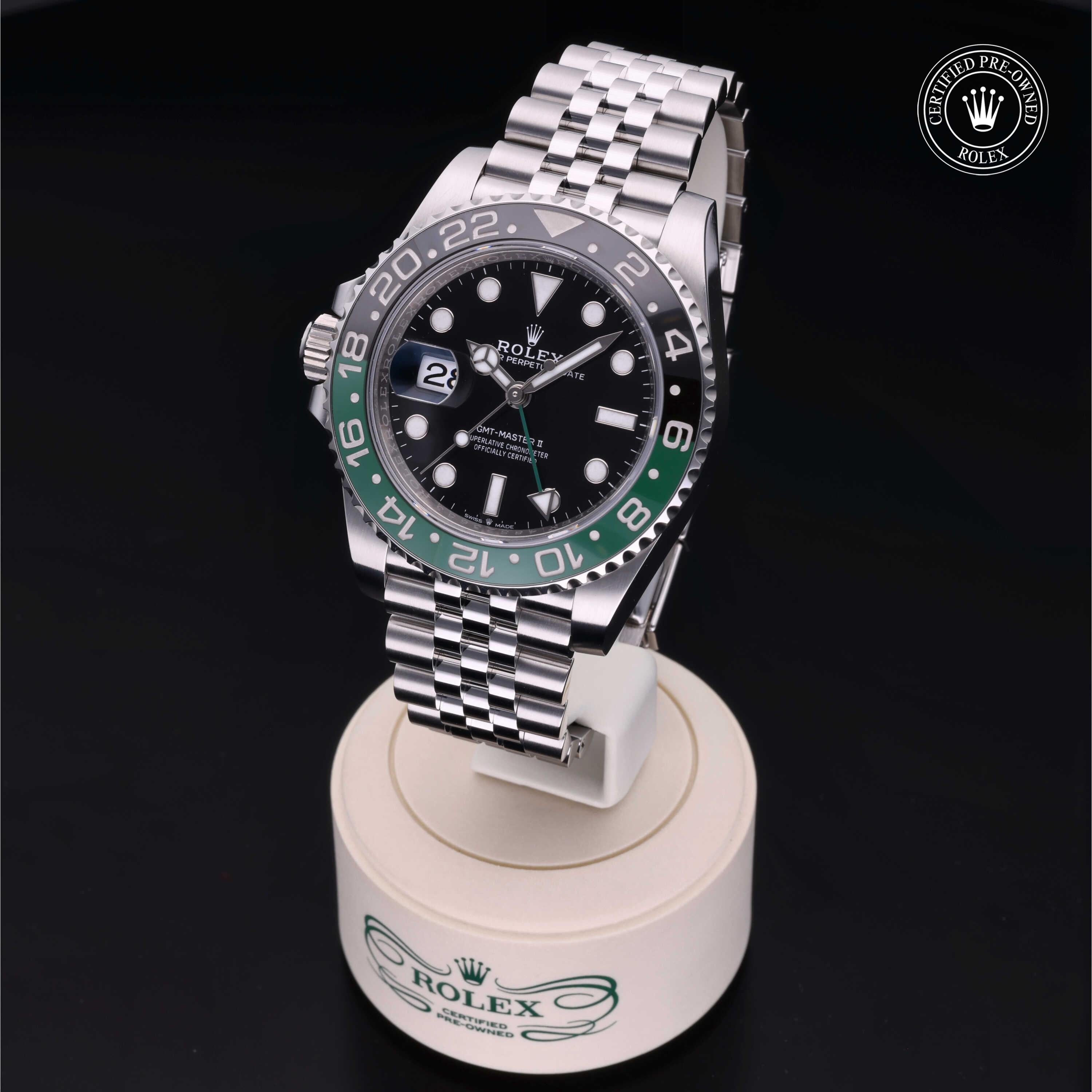 Rolex GMT-Master II 40mm 2023 model featuring an intense black dial, 24-hour graduated bezel and signature Oystersteel construction with Jubilee bracelet.