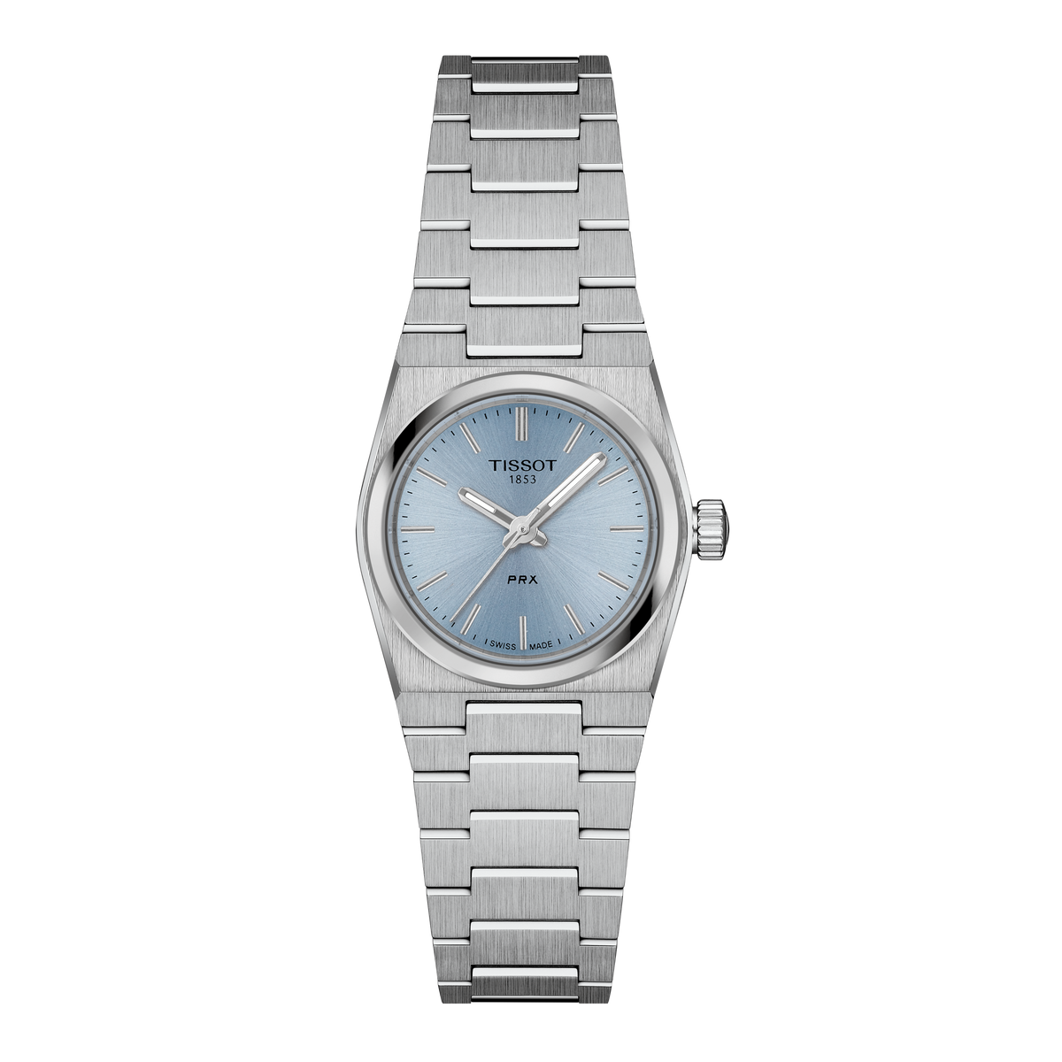 Tissot PRX stainless steel watch featuring a light blue sunburst dial, slim baton hour markers, and a sleek integrated case and bracelet design for a clean, modern look