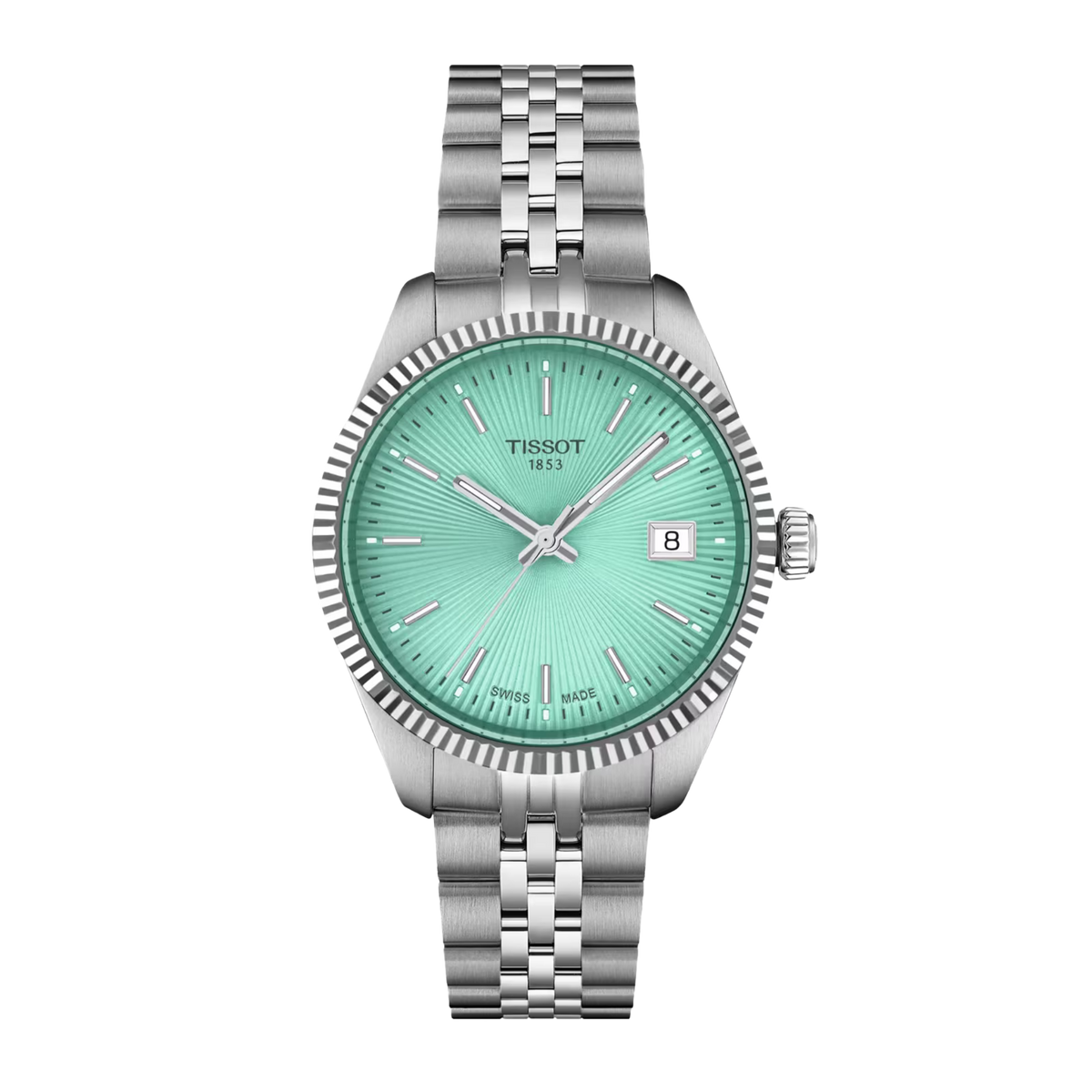 Tissot Ballade 34mm, featuring a stainless steel case, light green guilloché dial, fluted bezel and precise Swiss quartz movement.