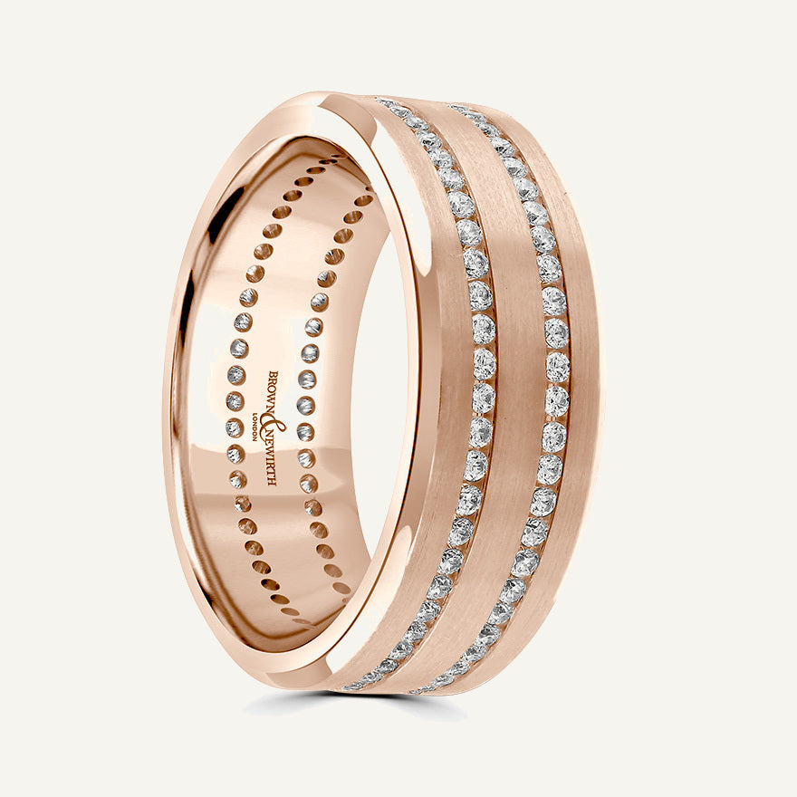 Flat Top With Double Channel Set Round Brills, Bevelled Edges Diamond Eternity Ring