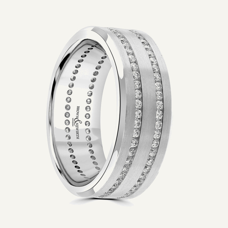 Flat Top With Double Channel Set Round Brills, Bevelled Edges Diamond Eternity Ring