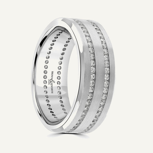 Flat Top With Double Channel Set Round Brills, Bevelled Edges Diamond Eternity Ring