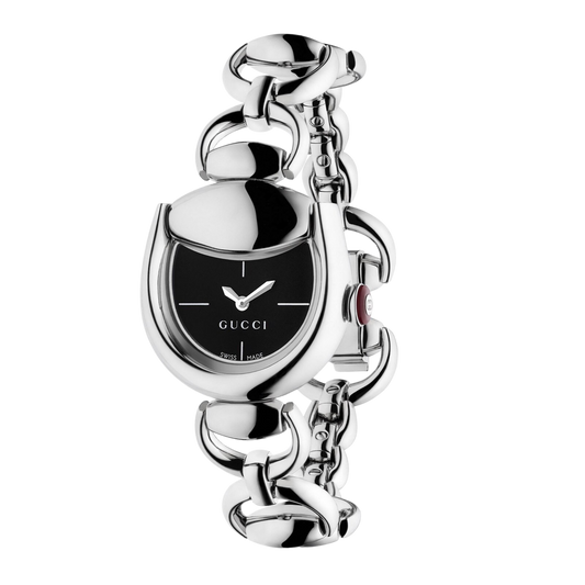 Gucci women's stainless steel bracelet watch with a black dial, rounded asymmetrical case, polished silver chain-link bracelet, and signature red crown detail.