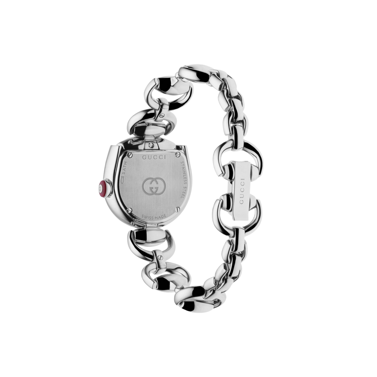Rear view of the Gucci stainless steel bracelet watch displaying the engraved case back, Gucci logo, Swiss Made marking, and polished chain-link bracelet clasp.