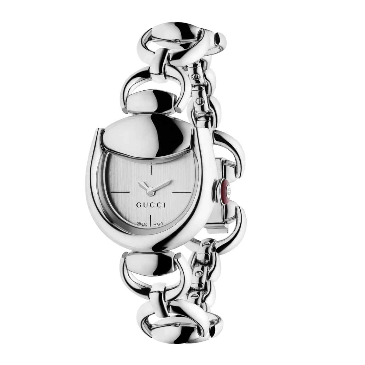 Gucci Horsebit watch with a silver dial and polished stainless steel Horsebit bracelet.