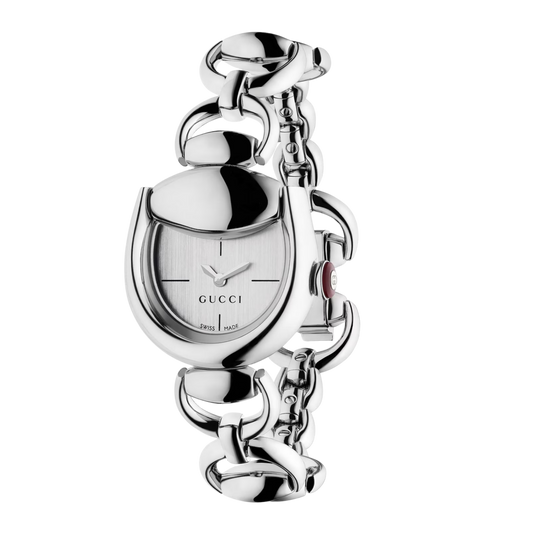 Gucci Horsebit watch with a silver dial and polished stainless steel Horsebit bracelet.
