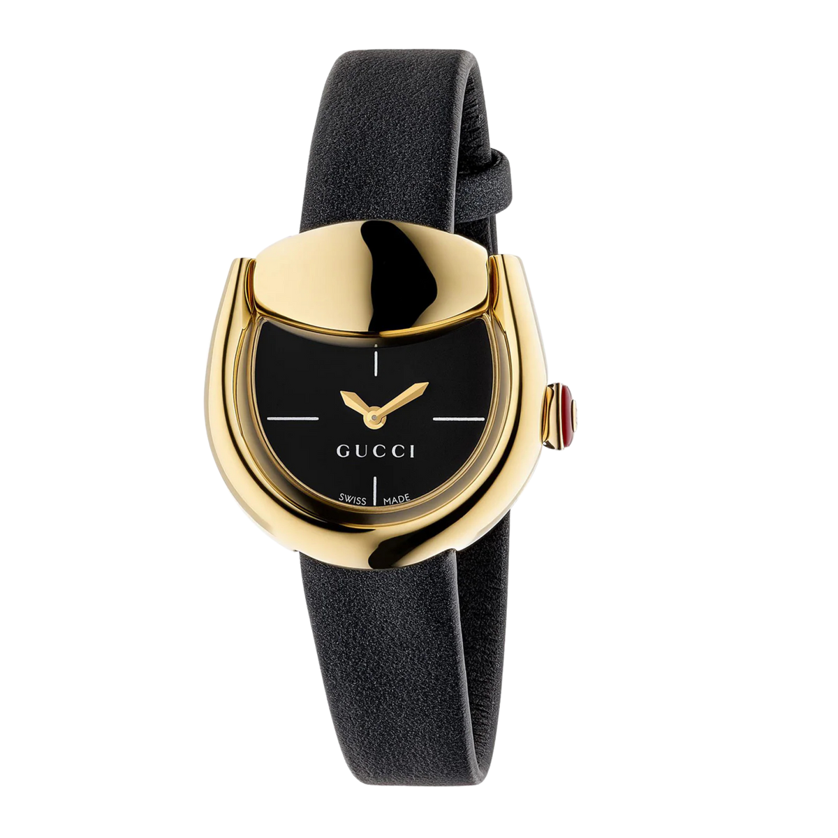 Gucci Horsebit ladies' watch with a black dial, yellow gold-plated case and black leather strap.
