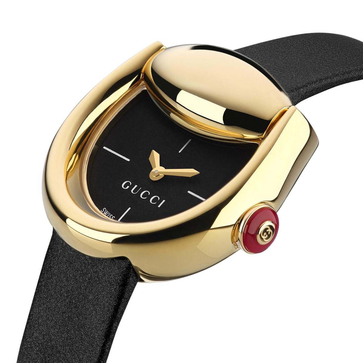 Close-up of the Gucci Horsebit watch featuring a black dial, yellow gold-plated case and signature red resin crown.