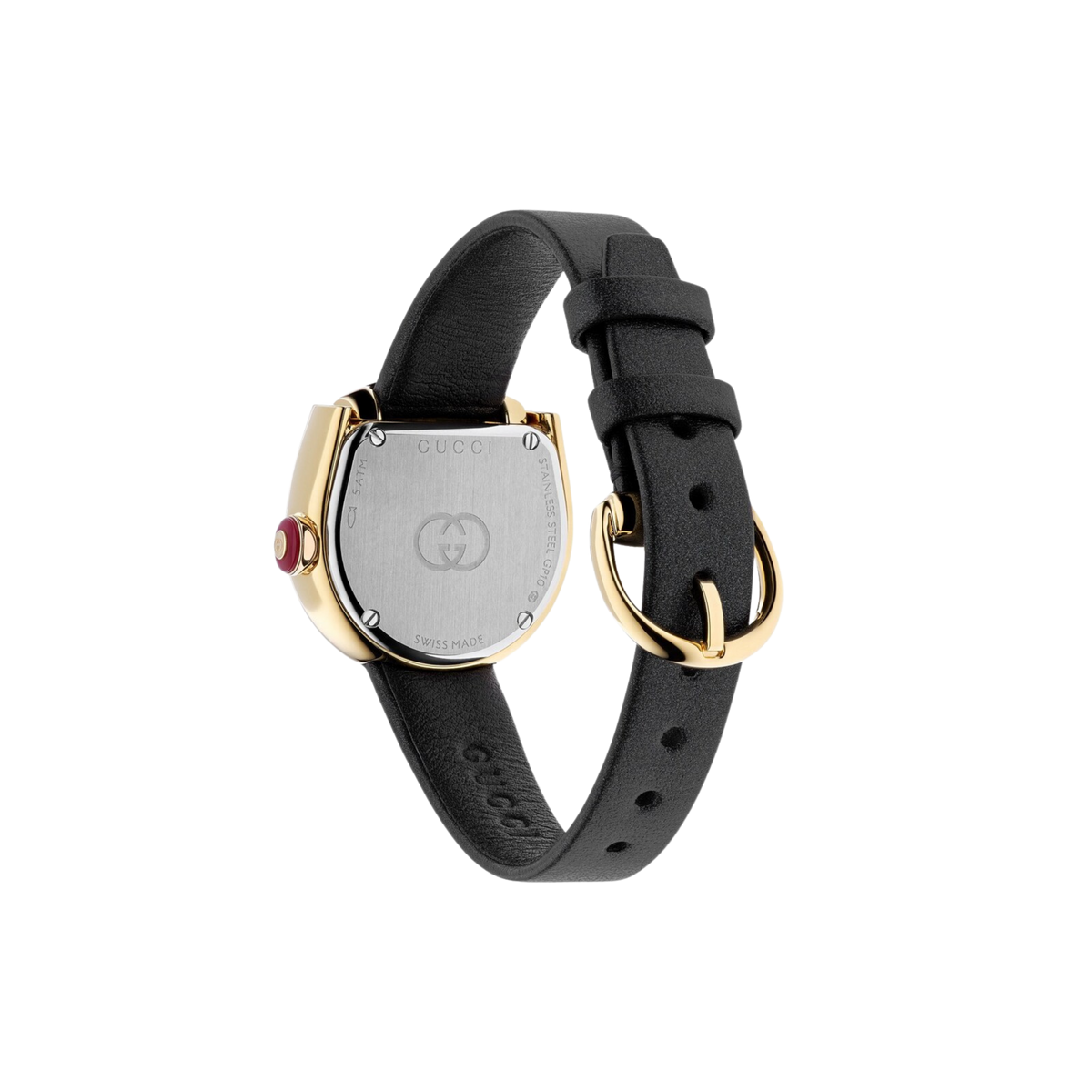 Rear view of the Gucci Horsebit watch showing the case back and black leather strap with buckle fastening.