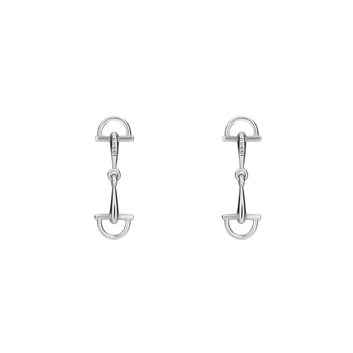 Front view of the Gucci Staffa earrings in polished 925 sterling silver, showcasing the articulated stirrup-inspired design and elegant drop silhouette