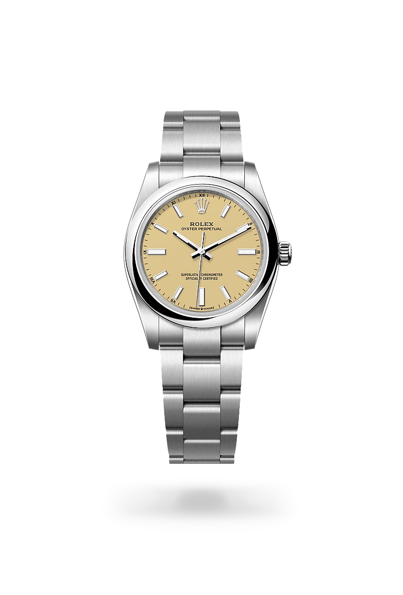 Rolex Oyster Perpetual 34 in Oystersteel with a Beige dial, Domed bezel, Oyster, three-piece solid links bracelet