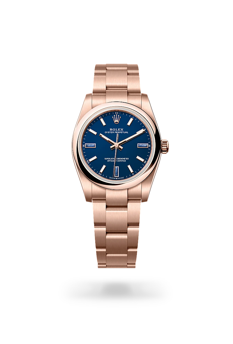 Rolex Oyster Perpetual 34 in 18 ct Everose gold with a Blue stone dial, Domed bezel, Oyster, three-piece solid links bracelet