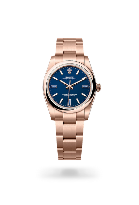 Rolex Oyster Perpetual 34 in 18 ct Everose gold with a Blue stone dial, Domed bezel, Oyster, three-piece solid links bracelet