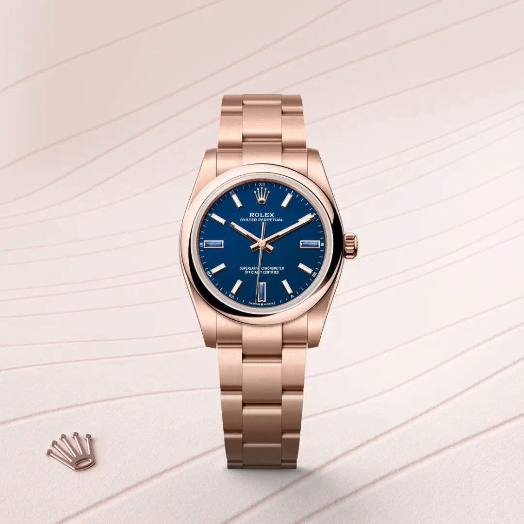 Rolex Oyster Perpetual 34 in 18 ct Everose gold with a Blue stone dial, Domed bezel, Oyster, three-piece solid links bracelet
