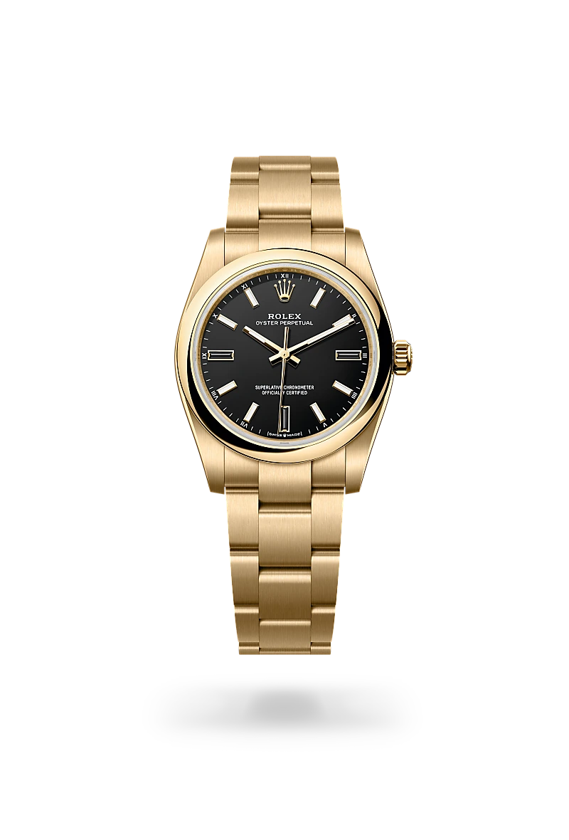 Rolex Oyster Perpetual 34 in 18 ct yellow gold with a Black dial, Domed bezel, Oyster, three-piece solid links bracelet