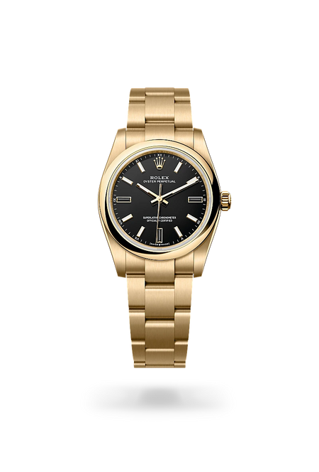 Rolex Oyster Perpetual 34 in 18 ct yellow gold with a Black dial, Domed bezel, Oyster, three-piece solid links bracelet