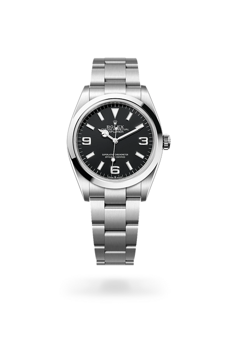 Rolex Explorer 36 in Oystersteel with a Black dial, Smooth bezel, Oyster, three-piece solid links bracelet